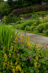 Allée et parterres de fleurs du jardin clos victorien, Abbaye de Kylemore, Pollacappul, Co. Galway, Irlande
